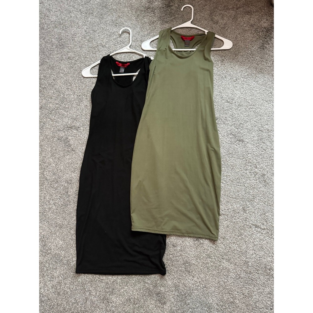 Lot of 2 Fitted Racerback Midi Dresses Black and Olive Green Size Small